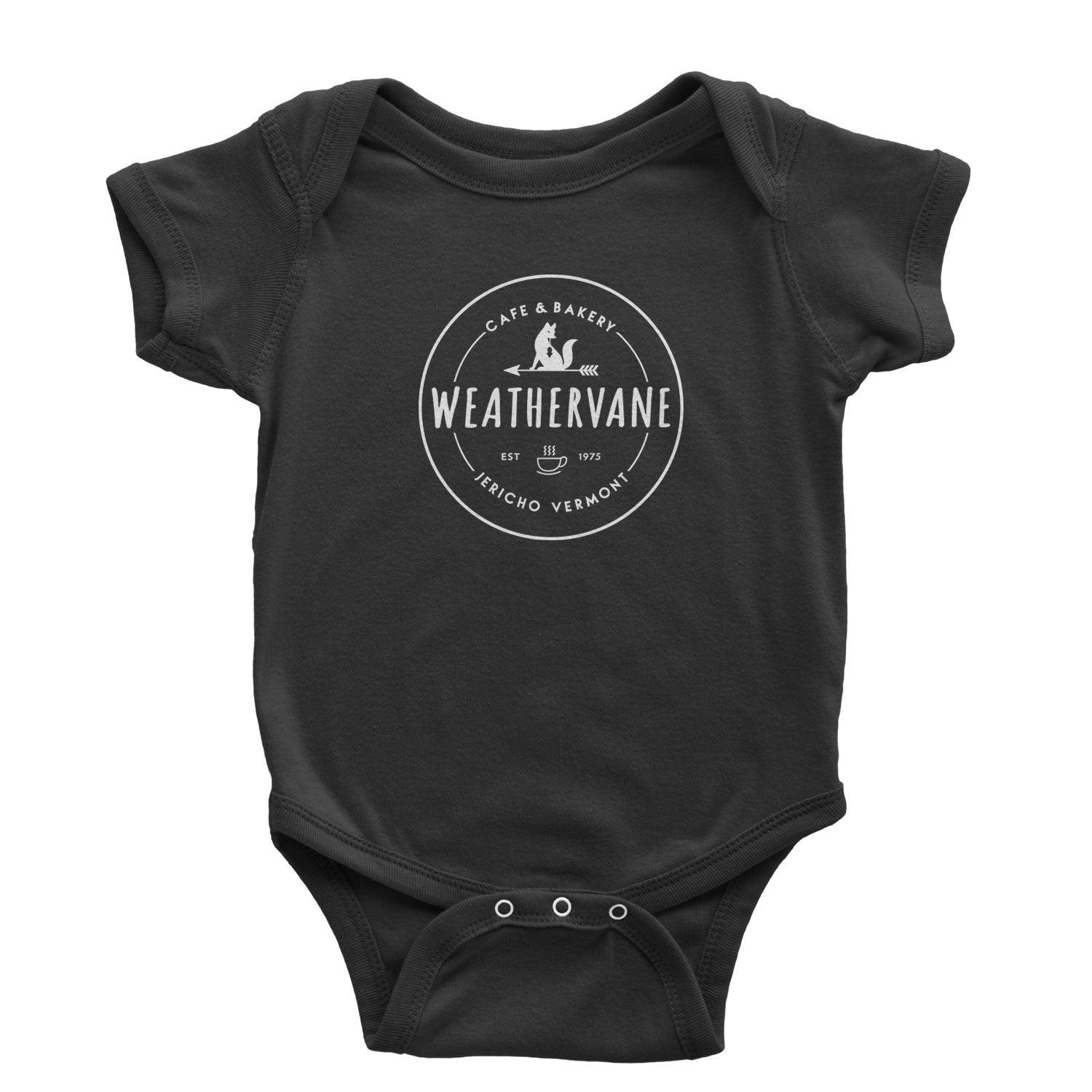 Weathervane Coffee Shop Infant One-Piece Romper Bodysuit and Toddler T-shirt academy, jericho, more, never, vermont, Wednesday by Expression Tees