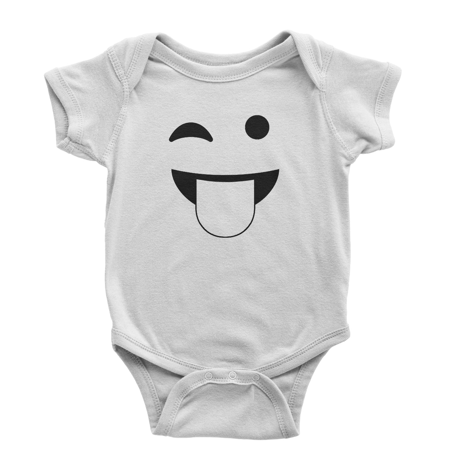 Emoticon Tongue Hanging Out Smile Face Infant One-Piece Romper Bodysuit cosplay, costume, dress, emoji, emote, face, halloween, smiley, up, yellow by Expression Tees