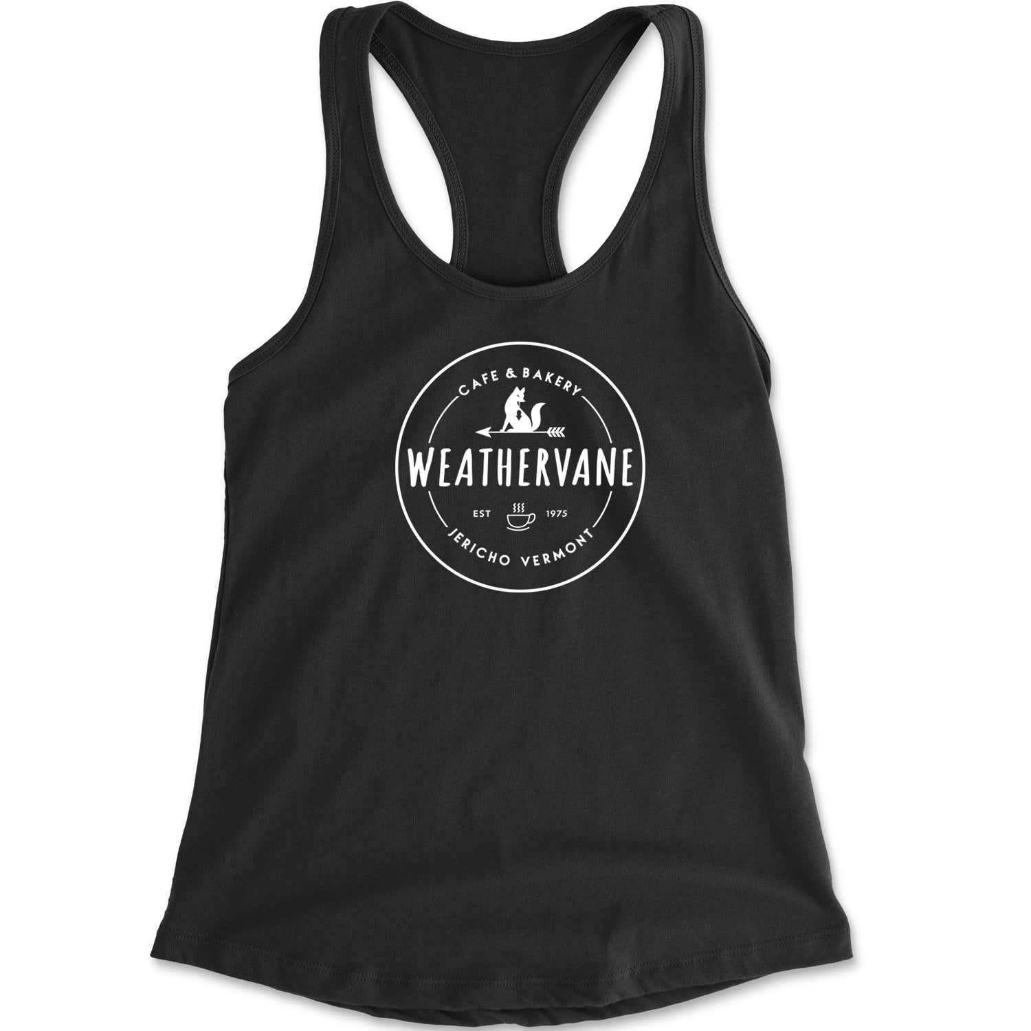 Weathervane Coffee Shop Racerback Tank Top for Women academy, jericho, more, never, vermont, Wednesday by Expression Tees