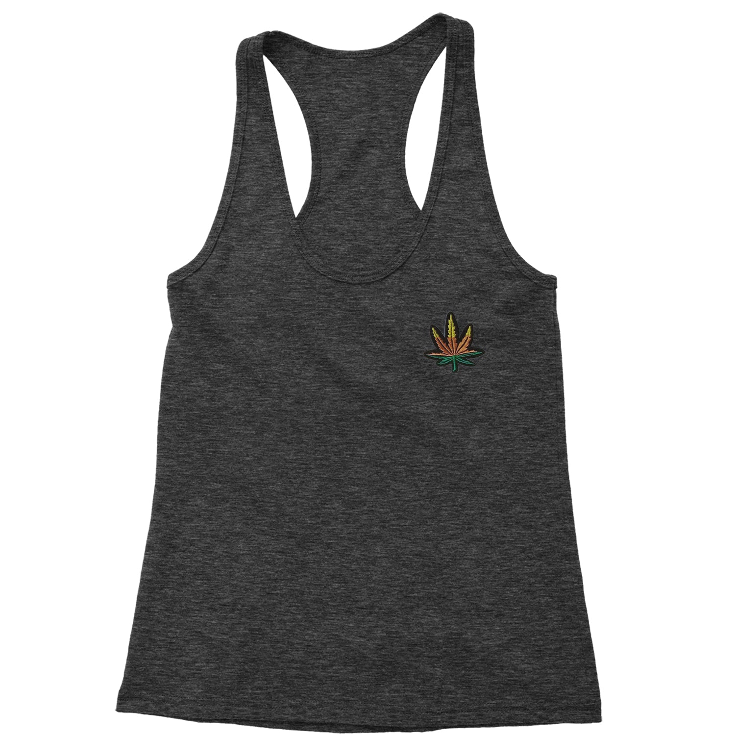 Embroidered Rasta Pot Leaf Patch (Pocket Print) Racerback Tank Top for Women bob, legalize, marijuana, marley, rastafarian, weed by Expression Tees