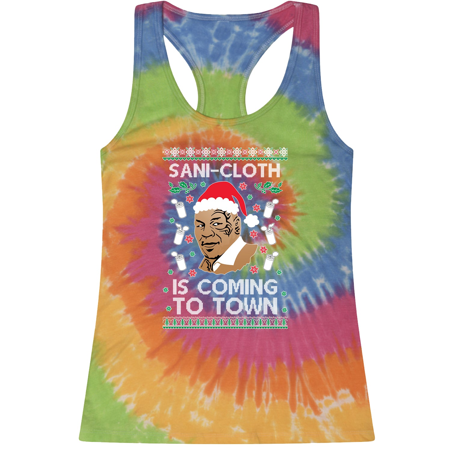 Sani-Cloth Is Coming To Town Ugly Christmas Racerback Tank Top for Women 2021, mike, miketyson, tyson by Expression Tees