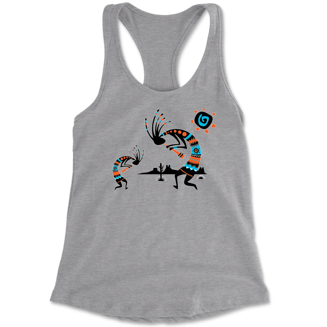 Kokopelli-style Southwestern desert scene illustration printed on a women's lightweight racerback tank top