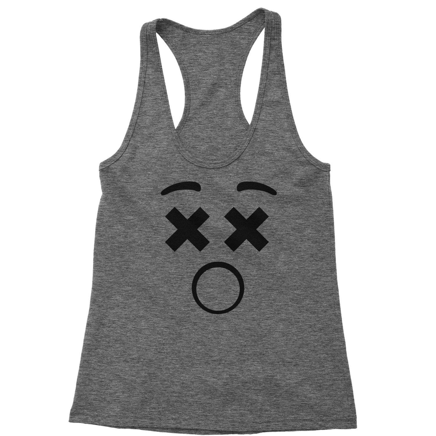 Emoticon XX Eyes Smile Face Racerback Tank Top for Women cosplay, costume, dress, emoji, emote, face, halloween, smiley, up, yellow by Expression Tees