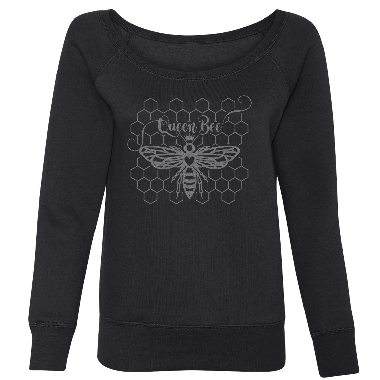 Beehive Queen Bee Metallic Silver Witty Bee Hive Design Slouchy Off Shoulder Oversized Sweatshirt