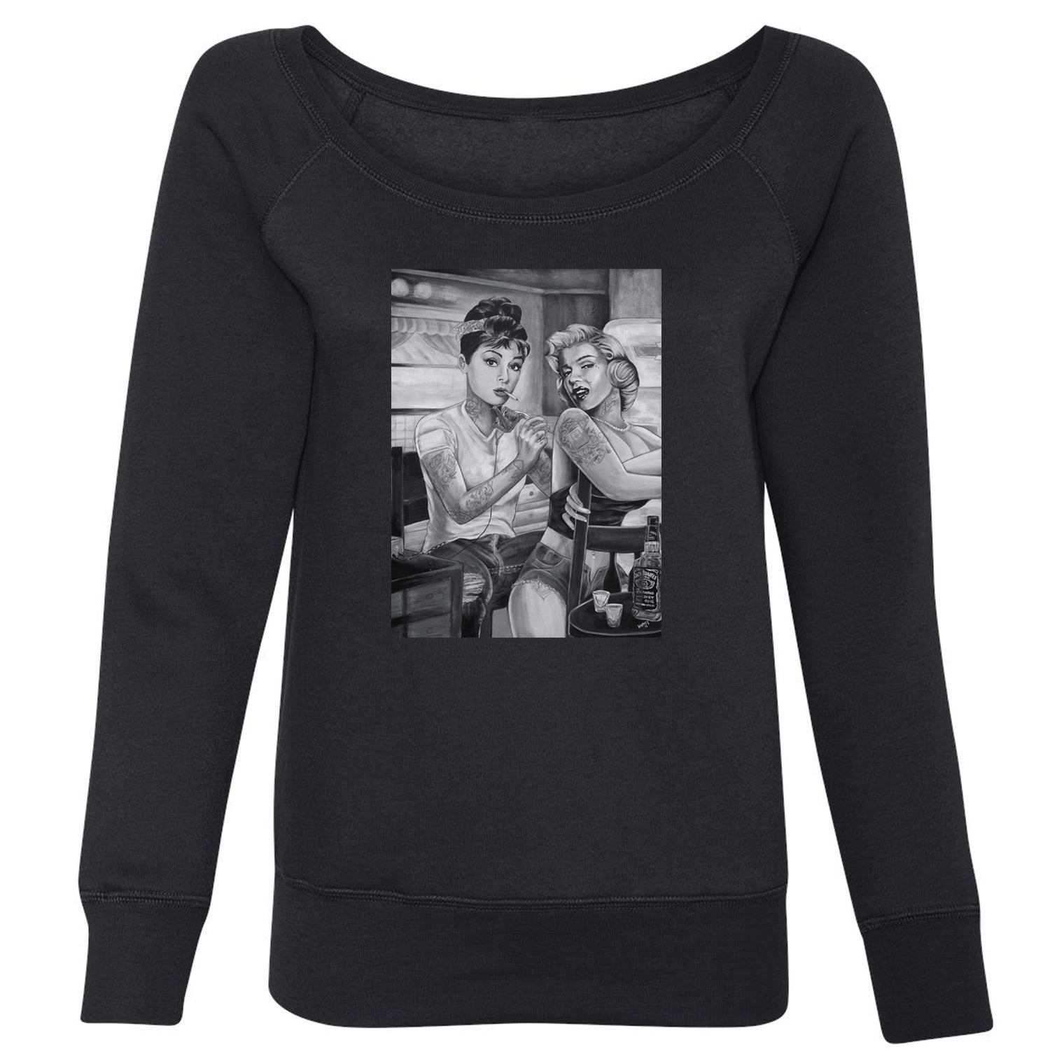 Marilyn Monroe and Audrey Hepburn Tattooed Icons Slouchy Off Shoulder Oversized Sweatshirt