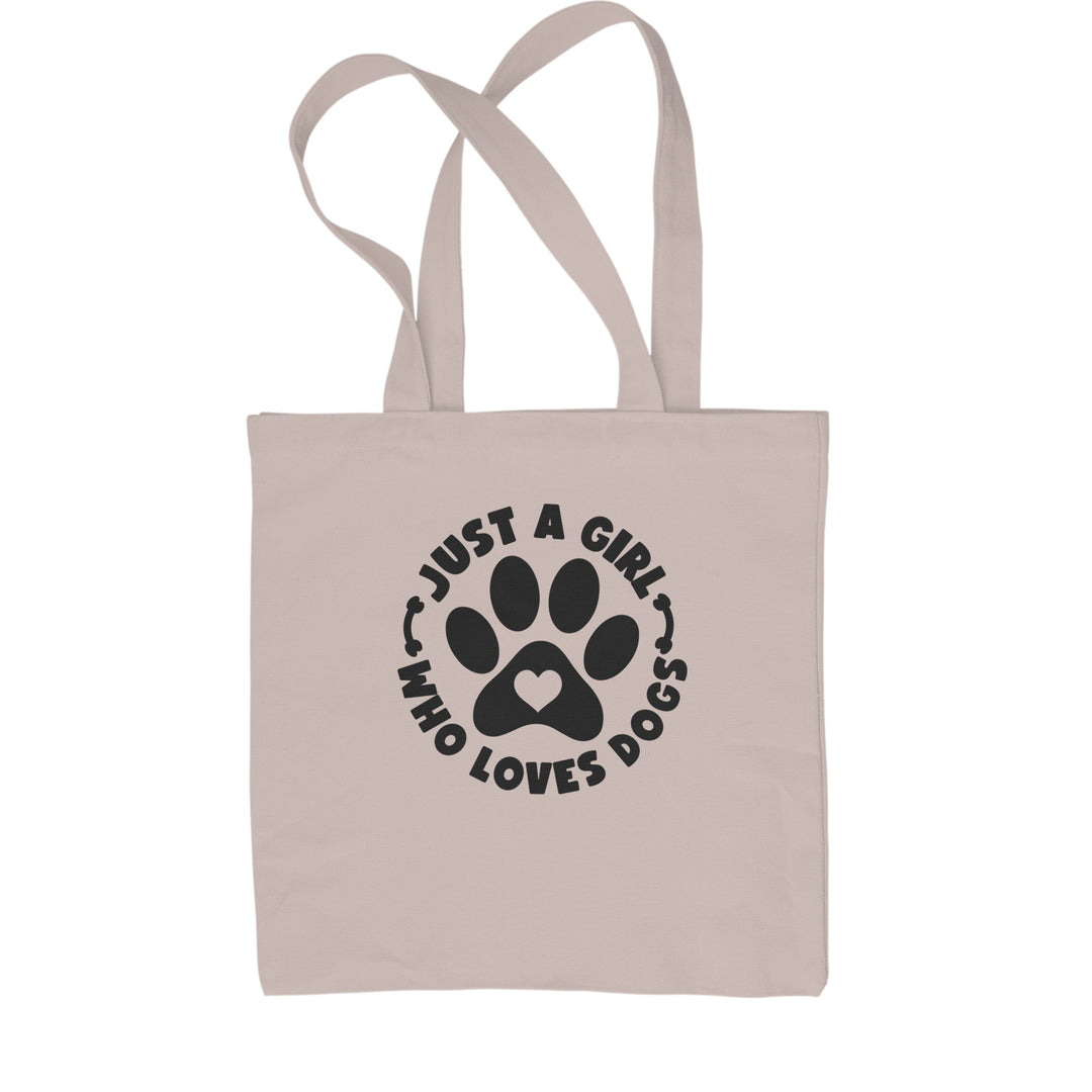 Classic Cotton Canvas Tote with paw print and heart, surrounded by the words "Just A Girl Who Loves DOGS"