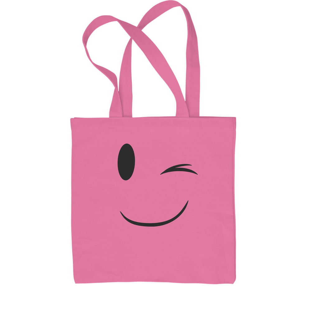 Emoticon Winking Smile Face Shopping Tote Bag cosplay, costume, dress, emoji, emote, face, halloween, smiley, up, yellow by Expression Tees