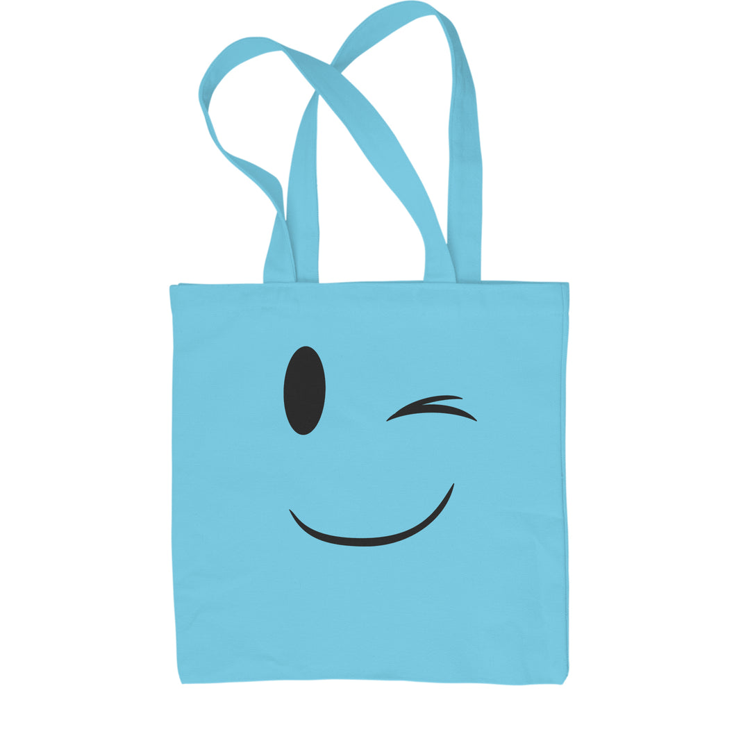 Emoticon Winking Smile Face Shopping Tote Bag cosplay, costume, dress, emoji, emote, face, halloween, smiley, up, yellow by Expression Tees