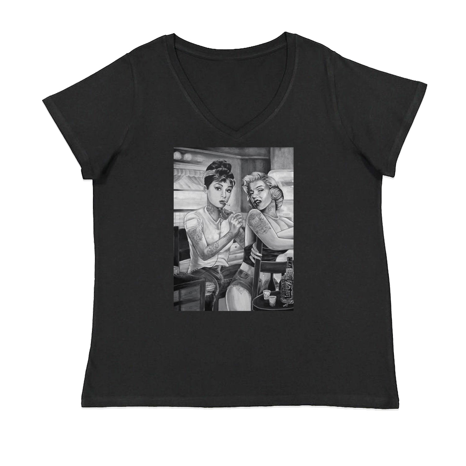Marilyn Monroe and Audrey Hepburn Tattooed Icons Womens Plus Size V-Neck T-shirt