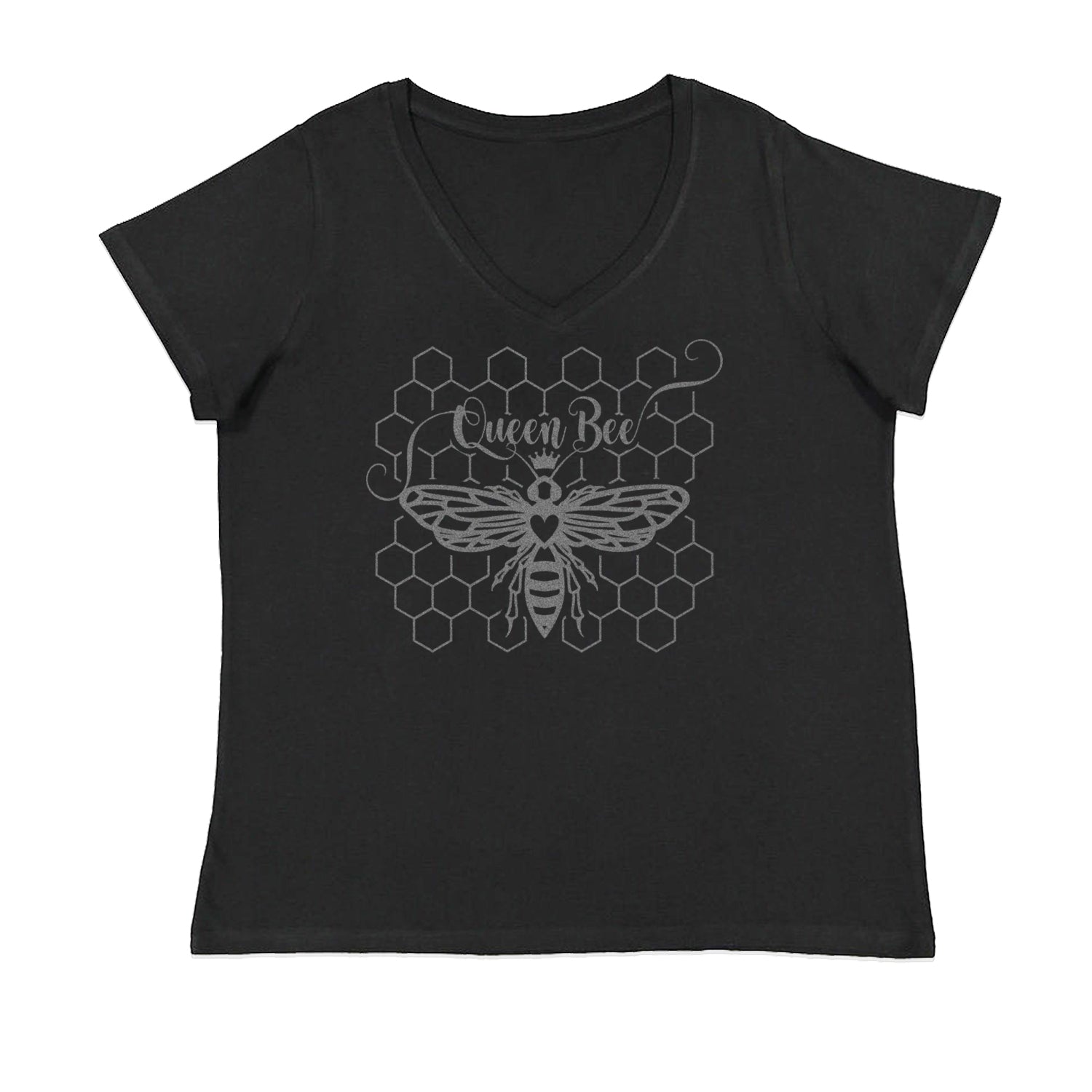 Beehive Queen Bee Metallic Silver Witty Bee Hive Design Womens Plus Size V-Neck T-shirt