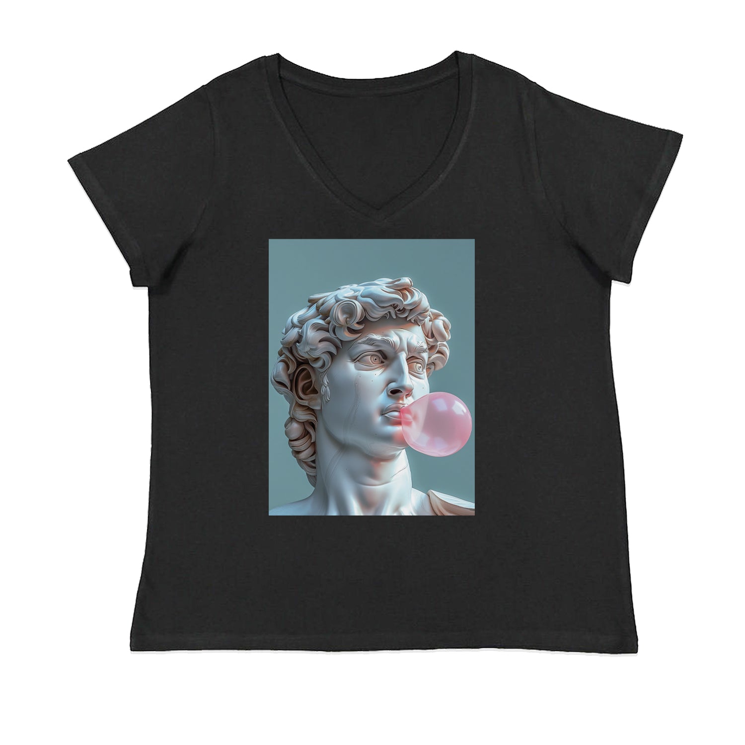 Michelangelo's David with Bubble Gum Contemporary Statue Art Womens Plus Size V-Neck T-shirt