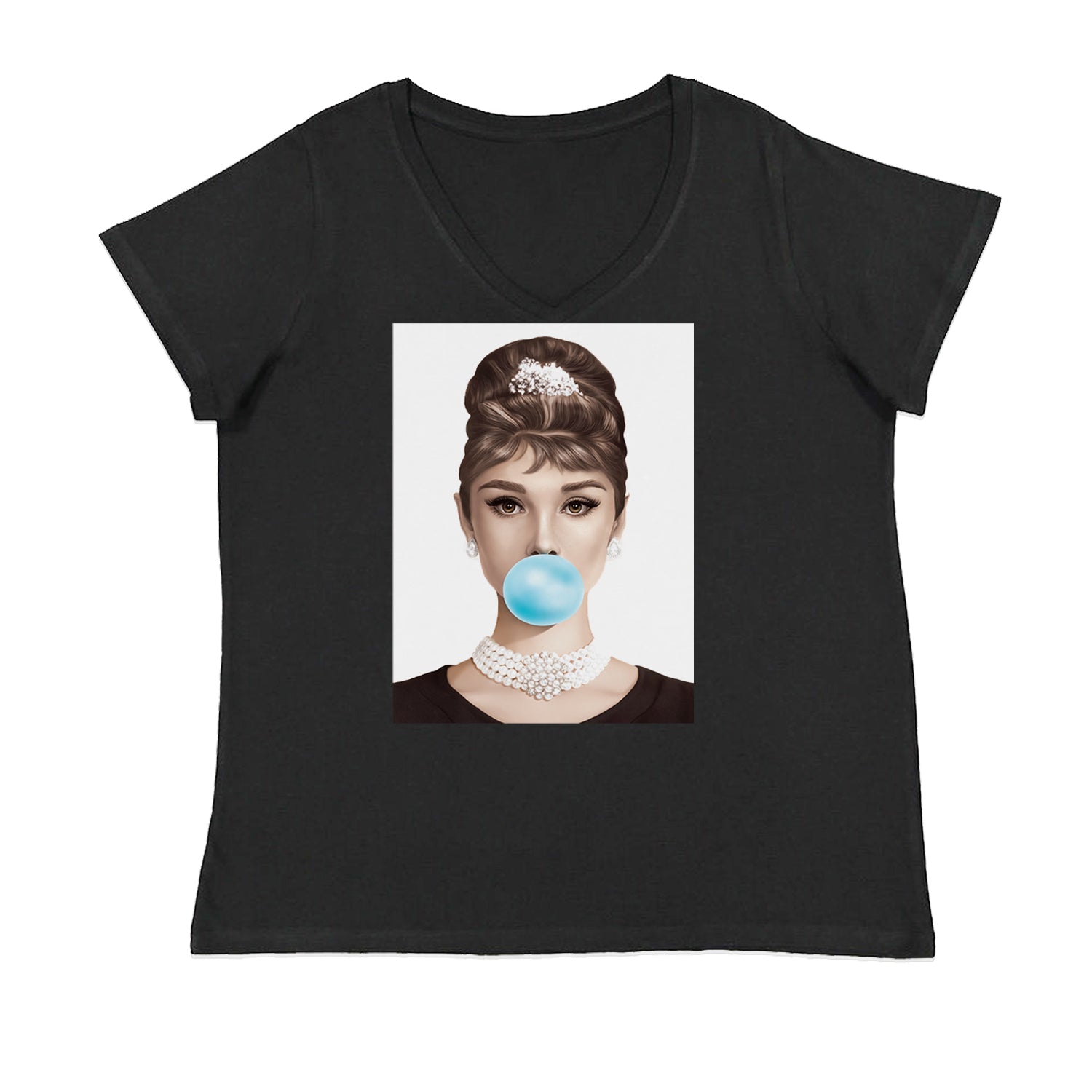 Audrey Hepburn Chewing Bubble Gum American Icon Womens Plus Size V-Neck T-shirt