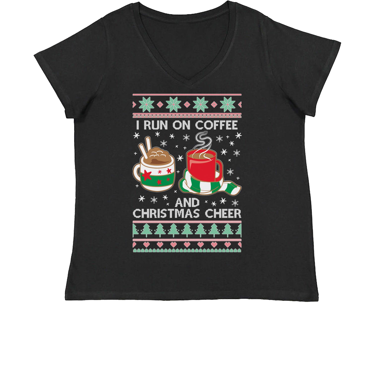I Run On Coffee And Christmas Cheer Womens Plus Size V-Neck T-shirt christmas, sweater, sweatshirt, ugly by Expression Tees