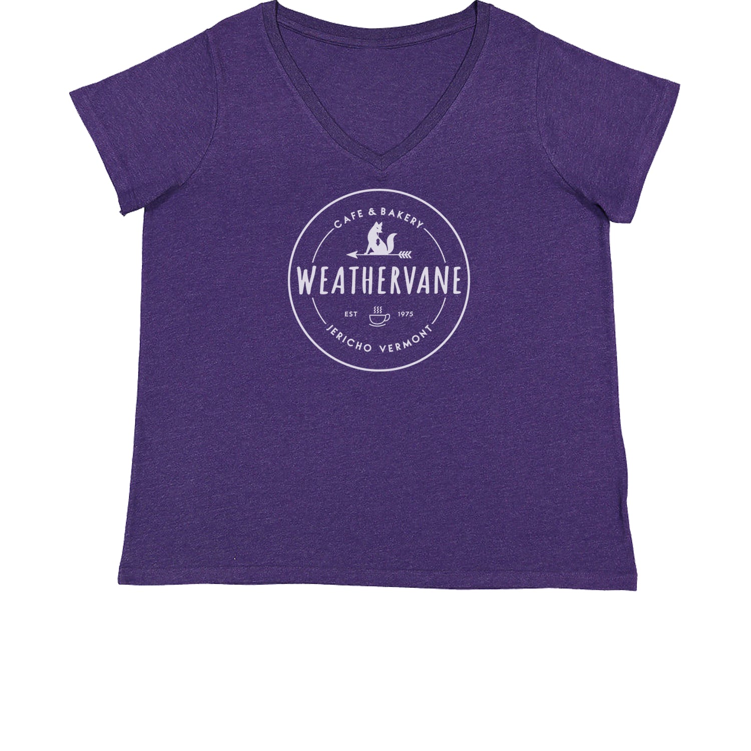 Weathervane Coffee Shop Womens Plus Size V-Neck T-shirt academy, jericho, more, never, vermont, Wednesday by Expression Tees