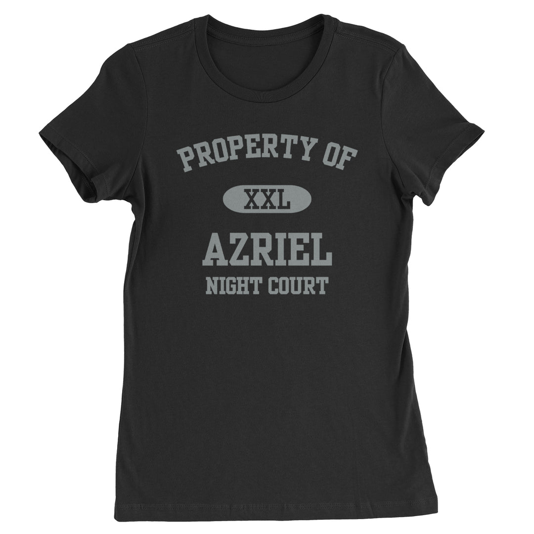 Women's Heavyweight Cotton T-Shirt with varsity "Property Of" text, an XXL badge, "Azriel" and "Night Court" in bold block lettering