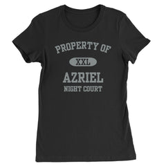 Women's Heavyweight Cotton T-Shirt with varsity "Property Of" text, an XXL badge, "Azriel" and "Night Court" in bold block lettering