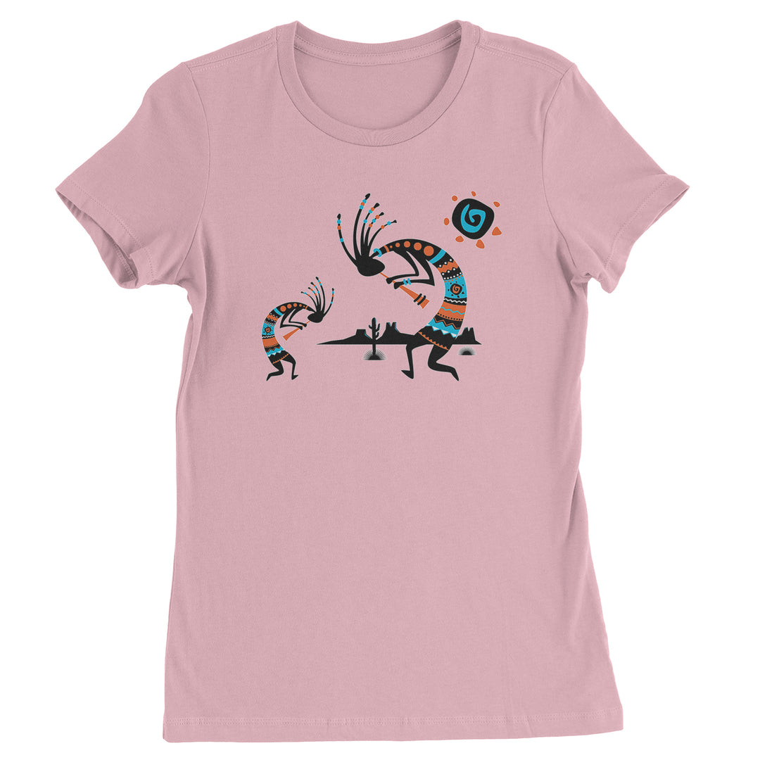 Kokopelli-style figure over a desert landscape in turquoise, black, and brown on a Women's Heavyweight Cotton T-Shirt