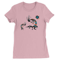 Kokopelli-style figure over a desert landscape in turquoise, black, and brown on a Women's Heavyweight Cotton T-Shirt