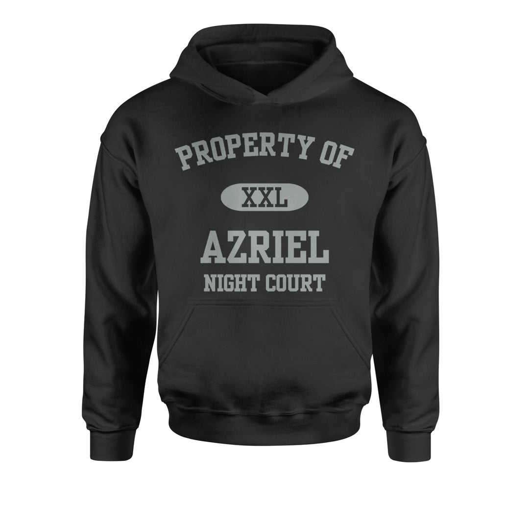 Kids' heavyweight fleece pullover hoodie with varsity "Property Of" text, XXL badge, Azriel name, and Night Court line