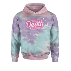 Now I am Become Death Barbenheimer pop-style quote on tie-dye burst with sparkly accents, printed on a kids' heavyweight fleece pullover hoodie