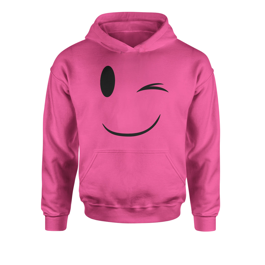 Kids' Heavyweight Fleece Pullover Hoodie with a bold winking smile emoticon face featuring one open eye, one wink, and a curved grin