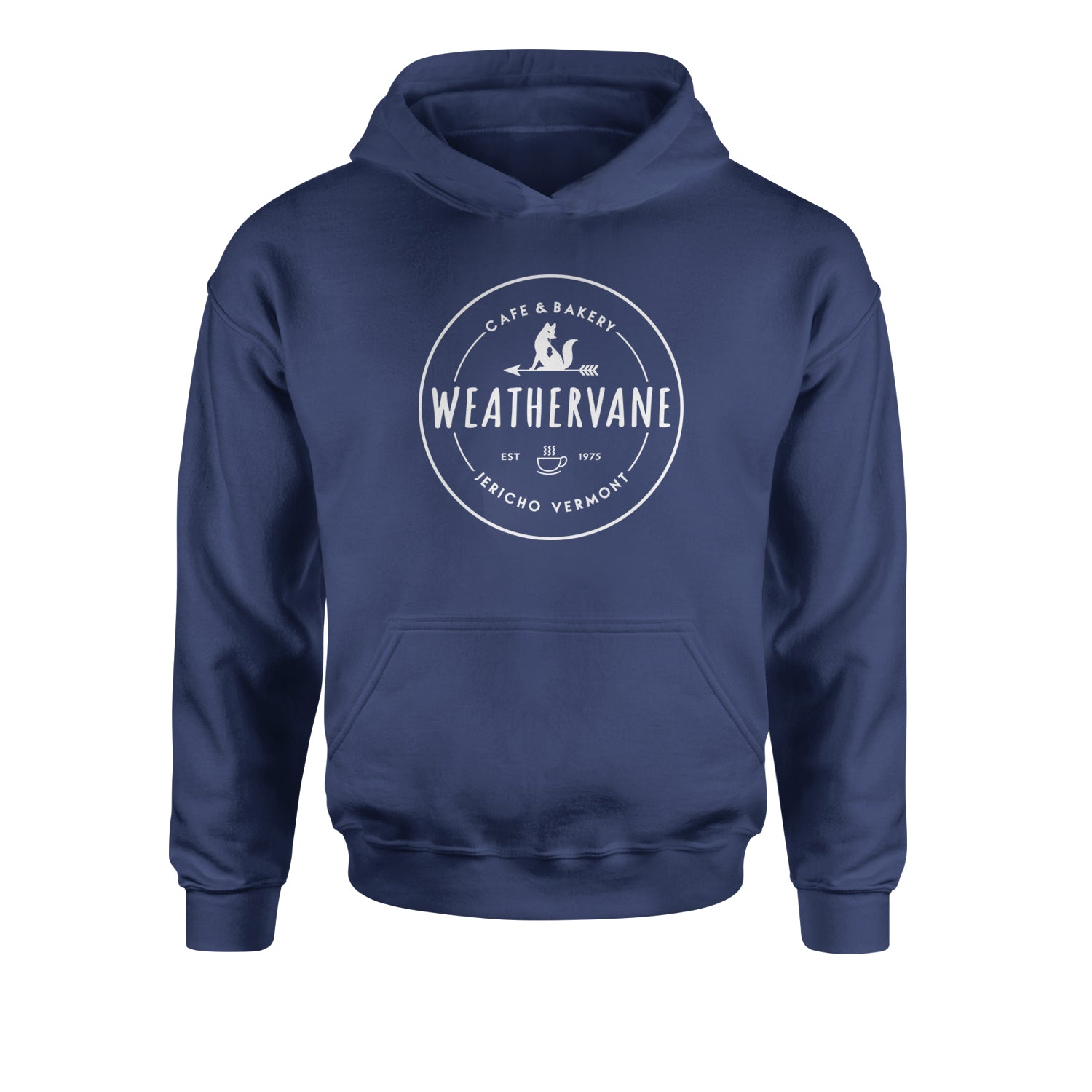 Weathervane Coffee Shop Youth-Sized Hoodie academy, jericho, more, never, vermont, Wednesday by Expression Tees