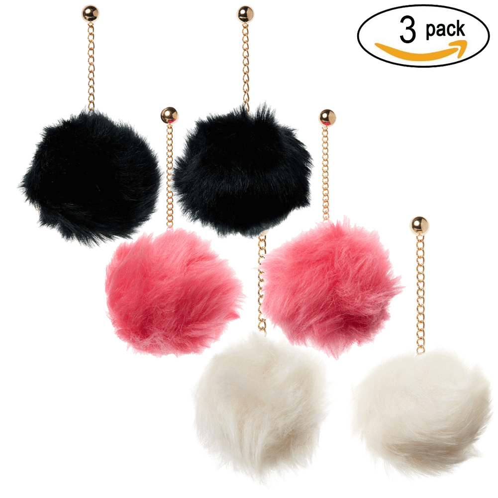 3 Pack Pom Pom Earrings Set with 3 inch Gold Dangle Chain - Black, White and Coral Earrings Set by Expression Tees